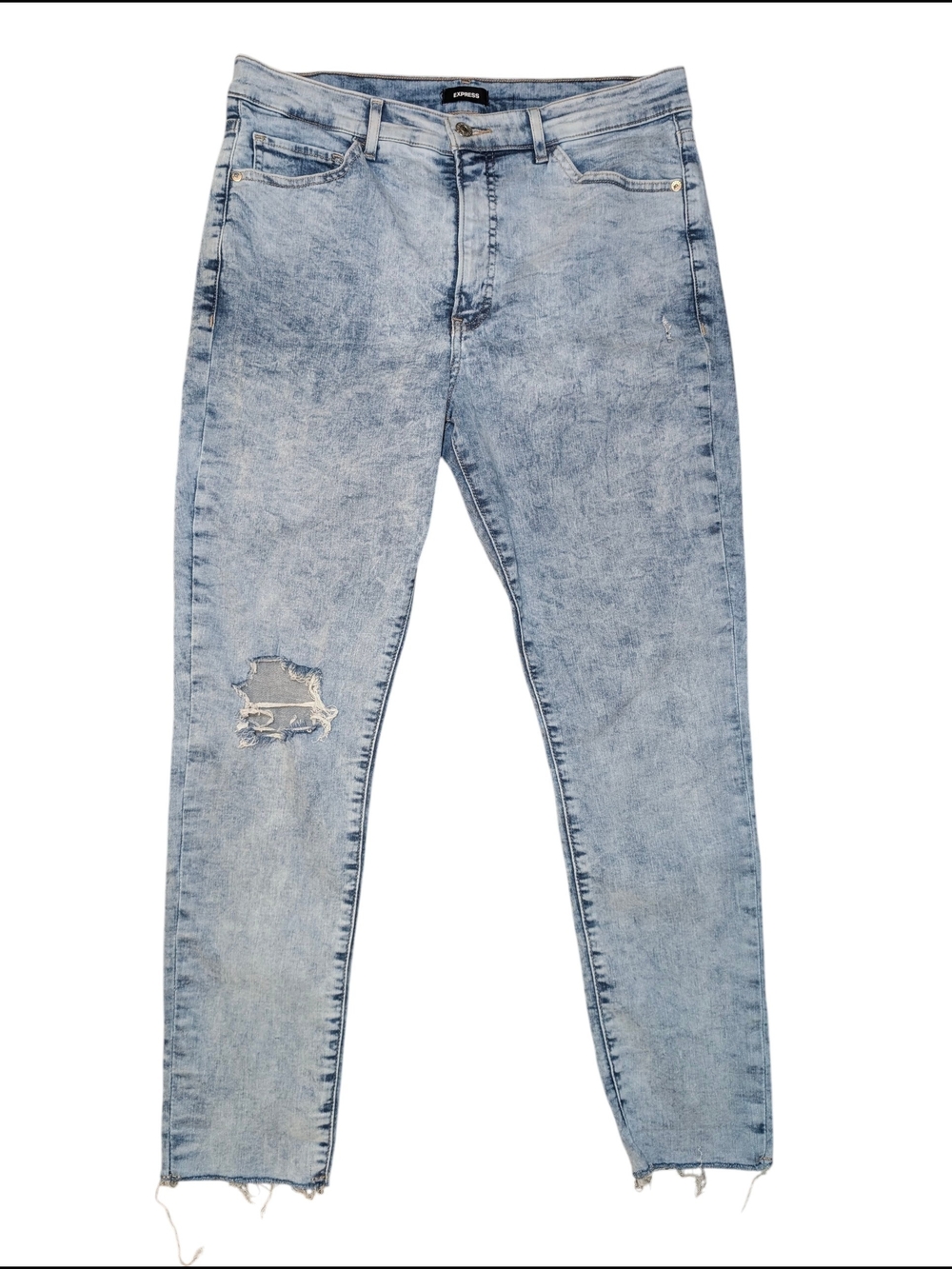 Express Women's 12 High Rise Acid Wash Light Blue Skinny Jeans Distressed Knee